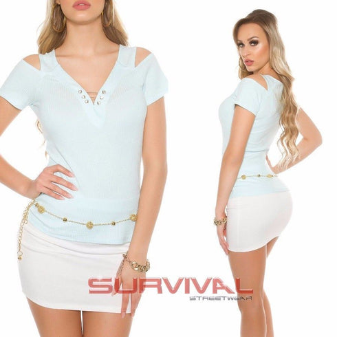 Open Shoulder V Neck Ribbed Top