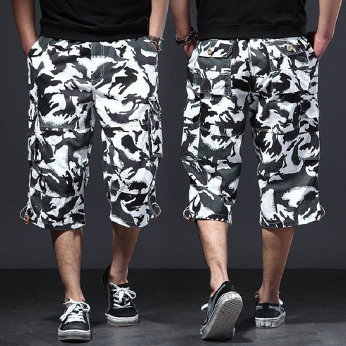 mens white camouflage elasticated cargo shorts