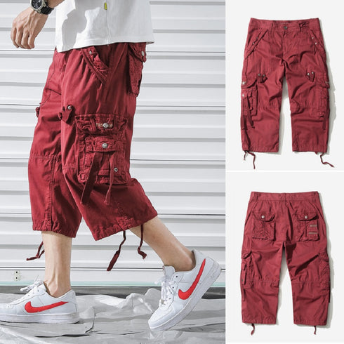 mens below knee length cargo shorts red