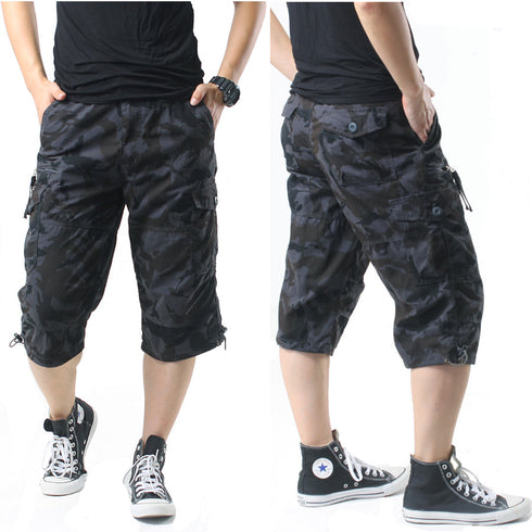 mens grey camouflage elasticated cargo shorts