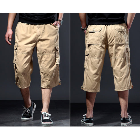 mens khaki elasticated cargo shorts