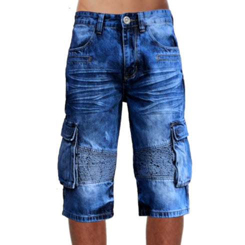 Mens Biker Denim Cargo Shorts Long Length Front View