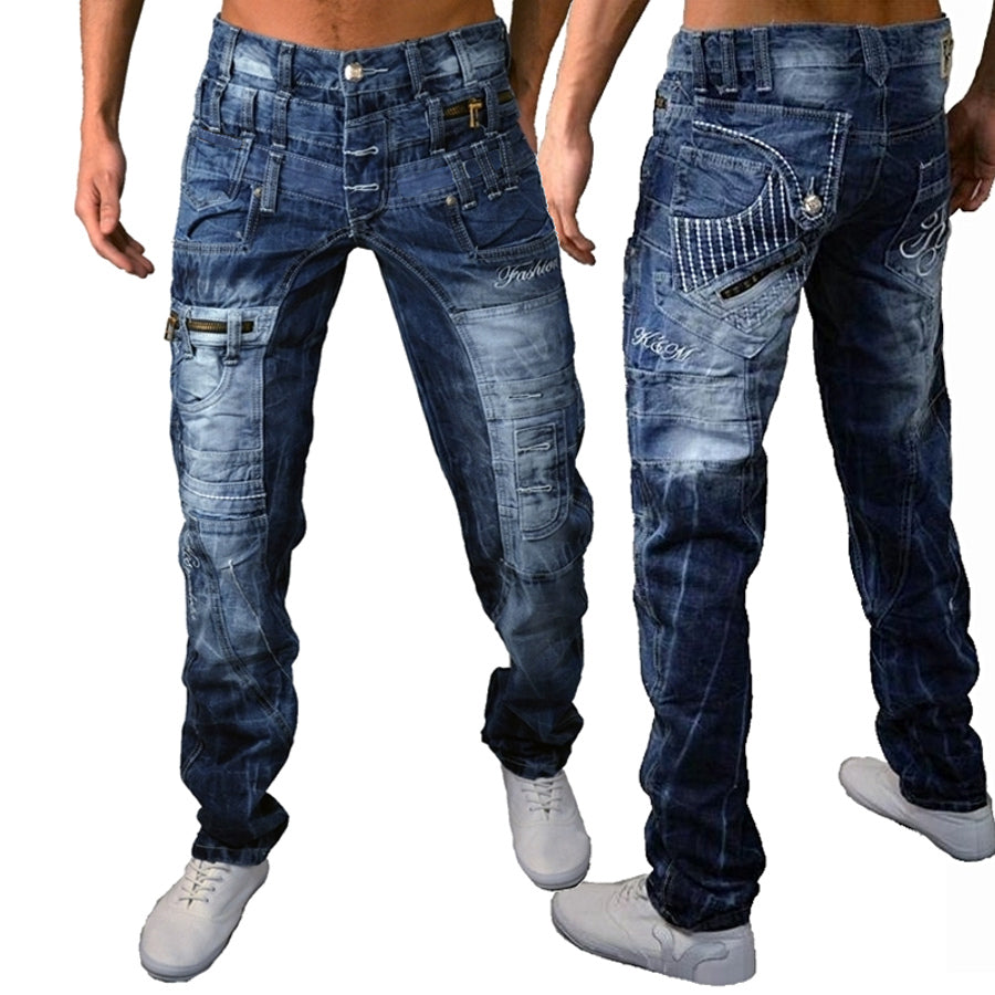 Kosmo Lupo Men's Jeans – Size 31, Blue Washed, 80.8% Cotton, Classic Fit, Authentic